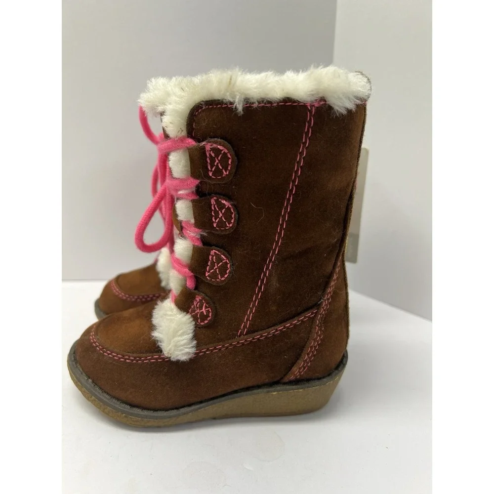 Carter's Lindsay-C Winter Boots Toddler 5 Brown Pink‎ Faux Fur Floral Embroidery